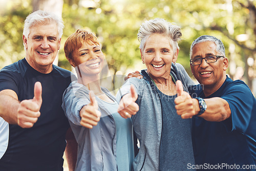 Image of Senior fitness group, thumbs up and portrait with smile, diversity and happiness in park for wellness. Happy workout friends, retirement and hand gesture for motivation, teamwork and focus for health