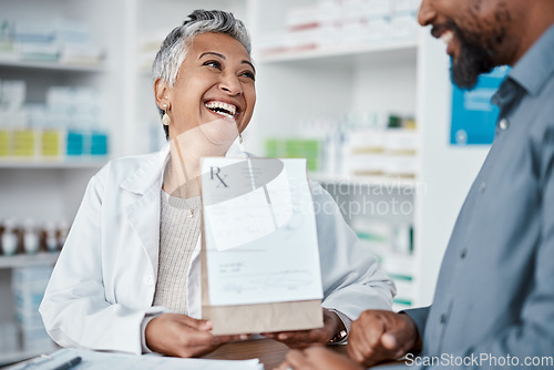 Image of Medicine, shopping or pharmacist helping a black man with healthcare advice on medical pills or drugs. Consulting, customer or happy senior doctor talking or helping a sick elderly person in pharmacy