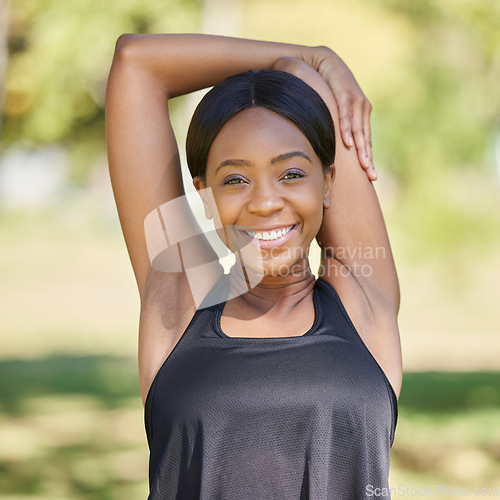 Image of Black woman portrait, fitness and stretching arms in nature park for healthcare wellness, relax exercise or workout sports training. Smile, happy athlete and warm up for muscle pain relief in garden