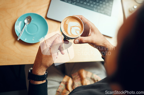 Image of Coffee cup, man hands and laptop with remote work, planning and wifi internet in retail, business or restaurant marketing background. Coffee shop, cafe and creative table top with hand holding drink
