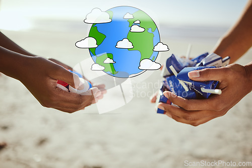 Image of Hands, global warming control or pollution waste management on beach clean up for climate change or environment sustainability. Zoom, cleaning people help or holding plastic garbage for sea recycling