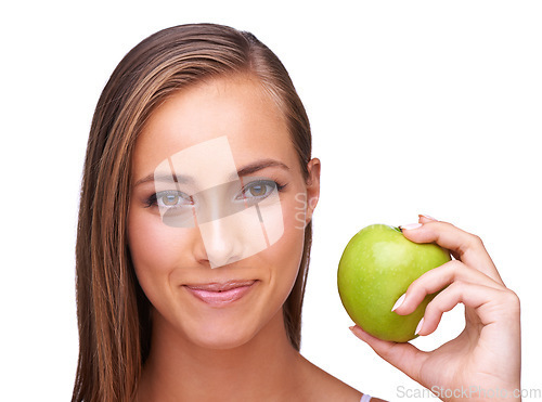 Image of Apple, wellness and portrait of woman on a white background for healthy lifestyle, cosmetics and wellbeing. Diet, digestion and face of girl with fruit for organic products, vitamins and nutrition