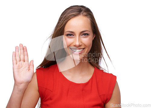 Image of Wave, welcome and portrait of a woman smile with happiness and isolated white background. Happy, beauty and hello hand sign of a model alone with beautiful long hair and mockup alone waving goodbye