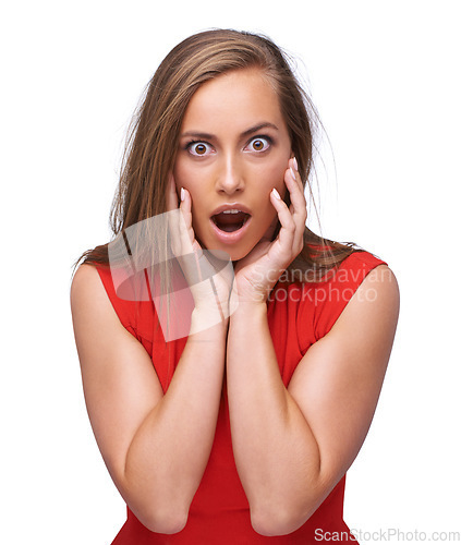 Image of Woman, portrait and shocked or surprise with wow or open mouth reaction while isolated on white background. Face of female with omg emoji for fake news, sale announcement or gossip in studio