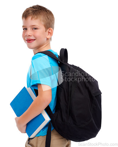 Image of Boy child, studio portrait and backpack with book, smile and happiness for education goal by white background. Isolated student kid, learning and school with smile, happy and ready to start reading