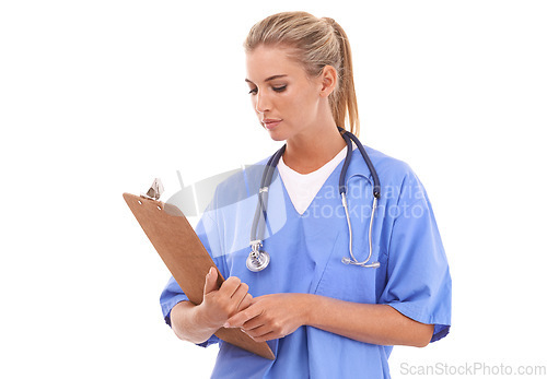 Image of Healthcare, doctor and woman with clipboard in studio with paper form for planning on white background. Nurse, chart and health expert reading medical documents for hospital or clinic while isolated