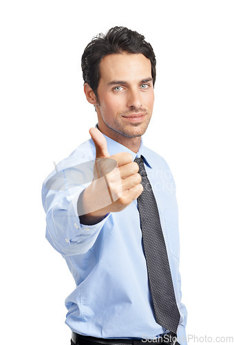 Image of Businessman, portrait or thumbs up on studio background for good luck, company success or financial growth. Corporate worker, employee or hand gesture in thank you, investment vote or winner opinion