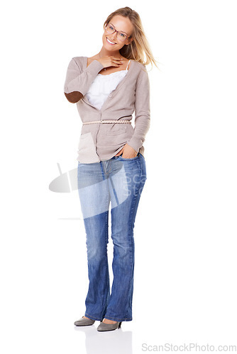 Image of Fashion, casual and portrait of a woman model in studio with a feminine trendy and natural outfit. Happiness, smile and full body of female with glasses and stylish clothes posing by white background