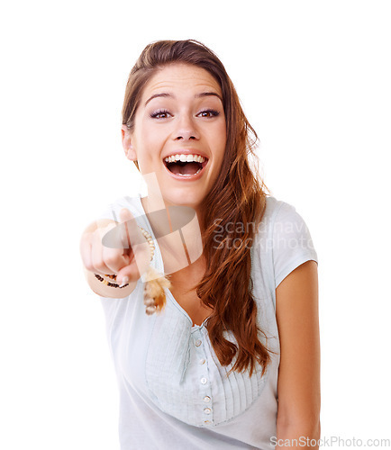 Image of Laugh, bullying and woman pointing in studio on white background for humor, shame and mocking. Body language, mean and portrait of girl point finger for attitude, rude reaction and laughing at joke