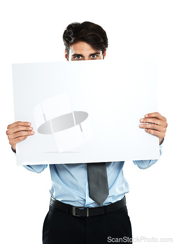 Image of Placard mock up, portrait and business man with marketing poster, advertising banner or product placement space. Billboard promo sign, studio mockup or hiding sales model isolated on white background