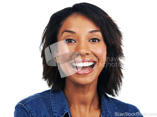 Image of Portrait, face and surprise with an excited black woman looking enthusiastic in studio on a white background. Wow, happy and expression with an attractive female feeling positive or carefree