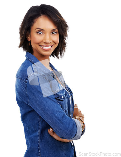 Image of Black woman, portrait and arms crossed on studio background, success and happiness in Atlanta. Happy female model, confidence and crossed arms on white background with denim fashion, smile and trust