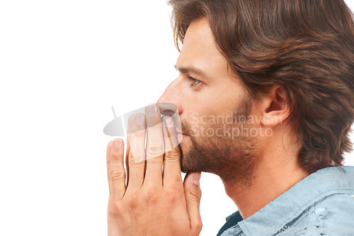 Image of Thinking, doubt and mockup with a man in studio isolated on a white background being confused by an idea. Face, profile and praying with a handsome male looking at mock up in a thoughtful pose