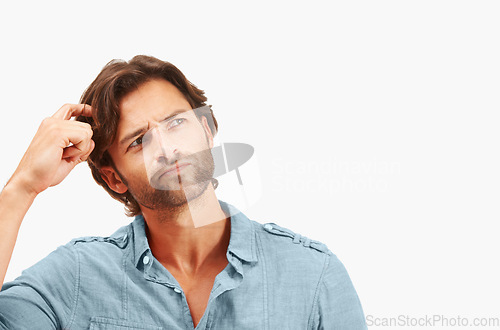 Image of Creative businessman, thinking and touching head for idea, solution or thought against a white studio background. Isolated man wondering in expression or pondering contemplation for startup on mockup