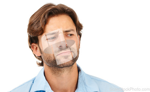 Image of Man, face or thinking on mockup studio background on startup business ideas, innovation vision or strategy planning. Head, model or worker with questions for finance investment or tax insurance deal