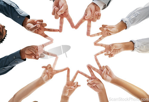 Image of Below business team, star hands and peace for motivation, success or goals in corporate teamwork. Group, support and mission for solidarity, team building or community for our vision in San Francisco