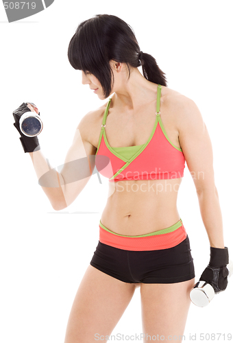 Image of muscular fitness instructor with dumbbells