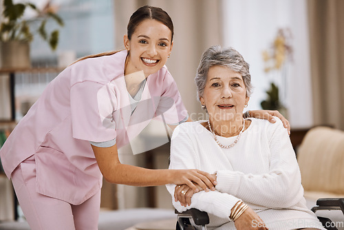 Image of Women, senior or wheelchair support in nursing home, house living room or wellness rehabilitation clinic. Portrait, smile or happy healthcare nurse with retirement elderly in disability mobility aid