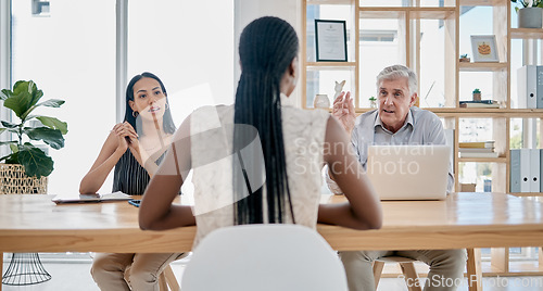 Image of Job interview, business people and HR, recruitment and hiring opportunity in startup office. Human resources, company meeting and employer discussion of onboarding, planning and application question