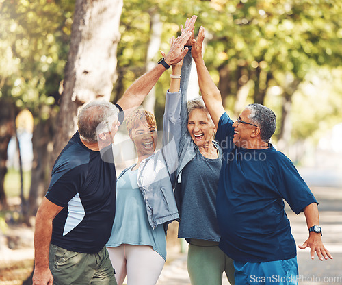 Image of Happy, senior or people high five for fitness training goals, workout target or exercise achievement in nature. Healthy, partnership or excited elderly men and women in celebration of group teamwork