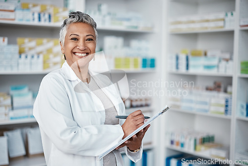 Image of Pharmacy, woman and happy portrait with clipboard, checklist and inventory in Colombia. Happy pharmacist, manager and healthcare worker writing notes of professional retail, medical service and stock