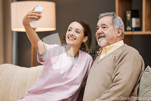 Image of Nurse, selfie and old man in nursing home with smartphone and smile for picture, caregiver and retirement. Health, photography with phone and care, young woman and nursing with elderly man wellness.