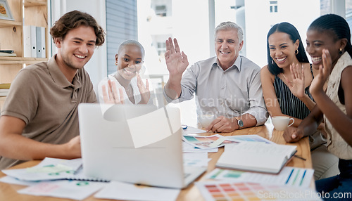 Image of Video call, meeting and business people on laptop in office for virtual networking, global communication and brand marketing team. Zoom call, corporate employee wave and creative workshop technology