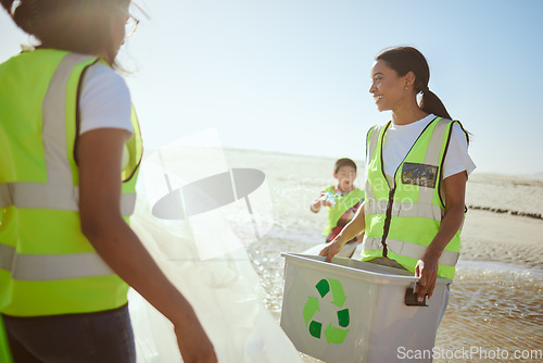 Image of Recycling, youth collaboration and beach cleaning for environmental sustainability, volunteer teamwork and global sustainability. Garbage recycle project, eco friendly team and action for ocean waste