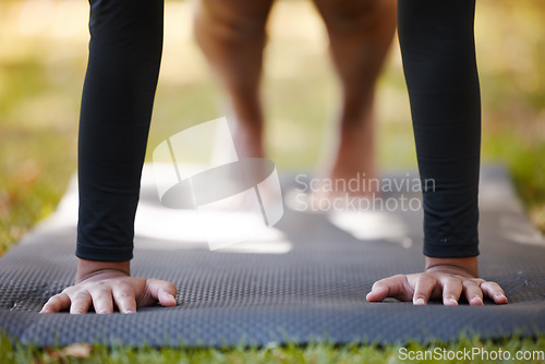 Image of Hands, fitness push up and woman at park alone for health, wellness and strength. Sports, nature and female athlete training, exercise and workout outdoors for strong muscles, energy and healthy body