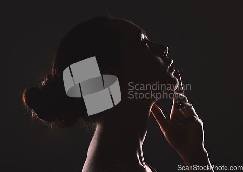 Image of Woman beauty silhouette, face and dark, sexy with cosmetics and seductive fantasy with mysterious aesthetic. Female profile with skin, sexy woman facial and shadow against black studio background.