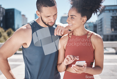 Image of Fitness, city and black couple with phone for workout, running exercise and marathon training. Love, sports and man and woman on smartphone for social media, internet and health progress mobile app