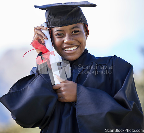 Image of Graduate, certificate with education and black woman portrait, university success and graduation with achievement. Student in graduation cap outdoor, motivation and future, happy woman with diploma