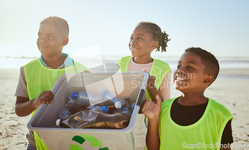 Image of Environment, kids and cleaning beach, eco friendly and waste management for sustainability, awareness and recycle. Volunteer, children and seaside to pick up trash, ocean pollution and global warming