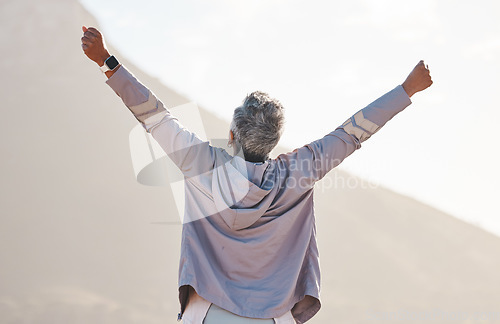 Image of Nature, senior woman arms in air and fitness on mountains mockup for exercise, training or workout goals, success and achievement. Winner, stretching or healthy elderly runner with rear for wellness