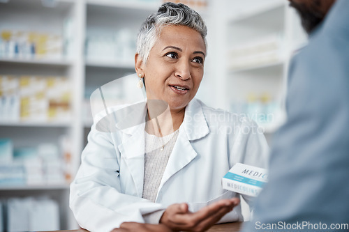 Image of Medicine, pharmacy and pills with woman and customer in store for consulting, shopping and help. Sale, healthcare and advice with pharmacist and patient for product, retail and treatment prescription