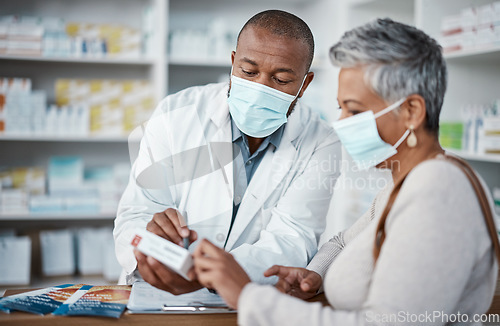 Image of Covid, pharmacy or doctor with medicine for old woman or sick senior patient in face mask shopping for pills or drugs. Healthcare, coronavirus or pharmacist talking, helping or giving medical advice