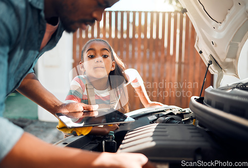 Image of Car problem, tablet and diagnostic software with man and child learning about mechanic repair for family vehicle. Father and daughter or girl bonding while working on engine together using mobile app