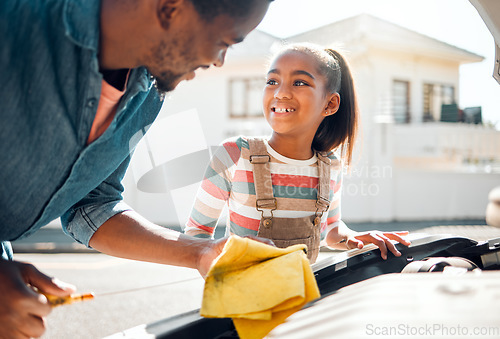 Image of Car problem, father and child learning to change motor oil, mechanic repair and fix family vehicle outdoor. Black man and daughter bonding while working on engine for transport during road trip