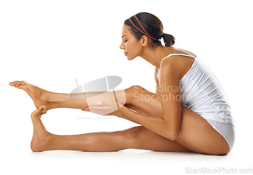 Image of Woman, skincare and legs with body and beauty, laser hair removal and epilation with pedicure on white background. Cosmetic care, wellness and skin glow, female in underwear and detox for dermatology