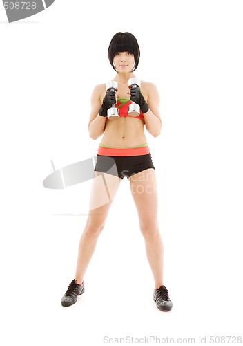 Image of muscular fitness instructor with dumbbells
