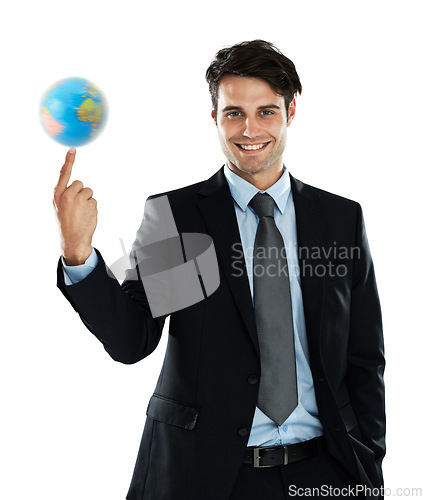 Image of World globe spin, business man and portrait of global employee with earth, planet and travel sphere. Employee, international success and corporate suit of worker happy with isolated white background