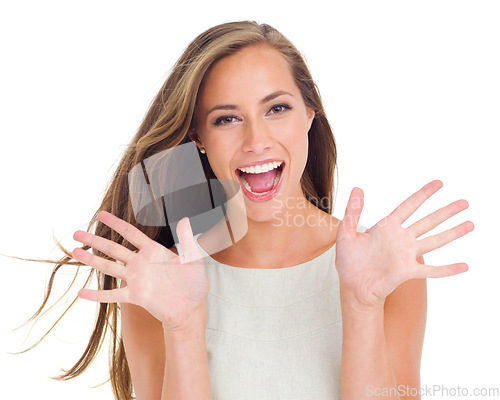 Image of Portrait, wow and a woman excited in studio isolated on a white background with a surprise hand gesture. Hands, motivation and winner with an attractive young female in celebration on blank space