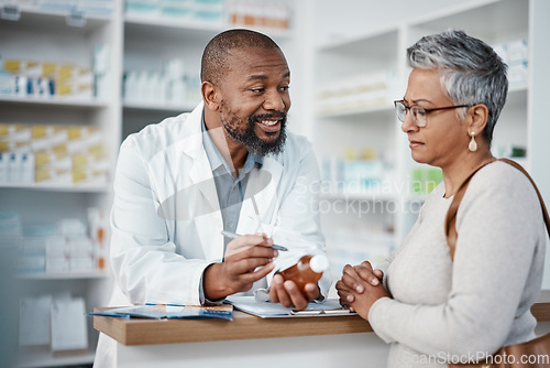 Image of Pharmacy, black man and woman with healthcare medicine and conversation for instructions. Pharmacist, female patient and medical professional talking, stress and explain for customer and frustrated.