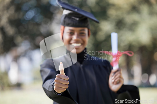 Image of Portrait, black woman and thumbs up for graduation, university and success with certificate. African American female, girl and hand for goal, achievement and degree for education, smile and graduate