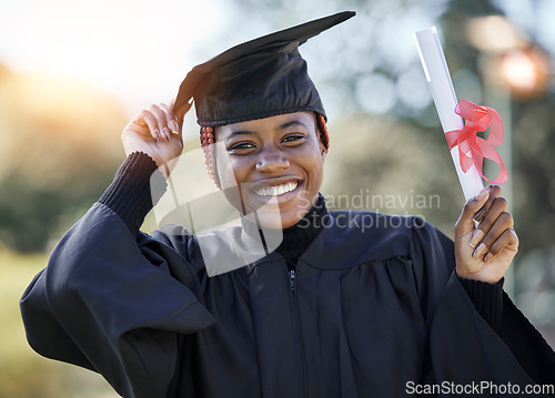 Image of Graduate, certificate and black woman with graduation cap in portrait, education with university success and achievement. Student, graduation outdoor and motivation, happy woman with diploma