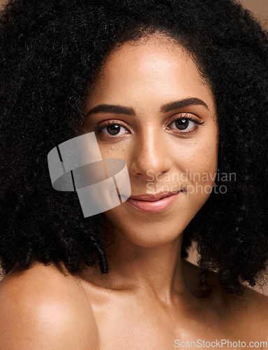 Image of Black woman, face beauty and skincare portrait with a smile, glow and happiness for clean skin on studio background. Aesthetic model with afro hair and dermatology, cosmetics and makeup results