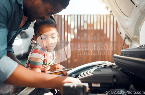 Image of Father, tablet and child learning about car problem with diagnostic software for mechanic repair. Black man and daughter or girl bonding while working on engine using online tools for family vehicle