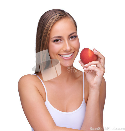 Image of Red apple and woman with teeth health isolated on white background for natural, wellness and dental advertising. Beauty, model portrait and hand holding fruit for teeth whitening results in studio