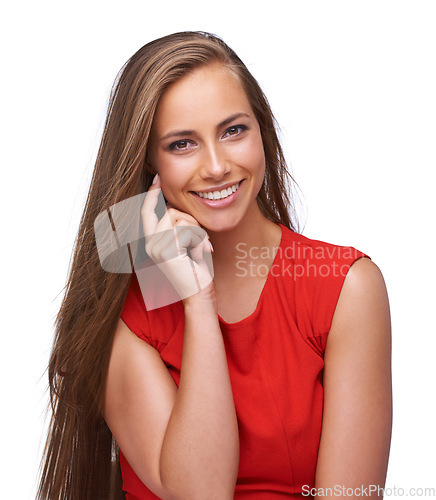 Image of Beauty, makeup and portrait of a woman in a studio with a cosmetic, natural and face routine. Happy, smile and young female model from Brazil with a skin treatment isolated by a white background.