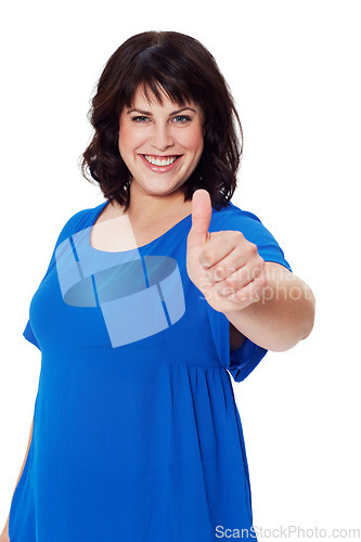 Image of Portrait, woman and thumbs up for achievement, success and confident female isolated on white studio background. Mature lady, smile and hand for solidarity, positive reaction and support for decision